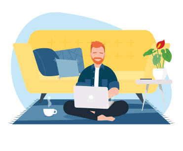 Illustration of Man using laptop then excitedly pumping both arms
