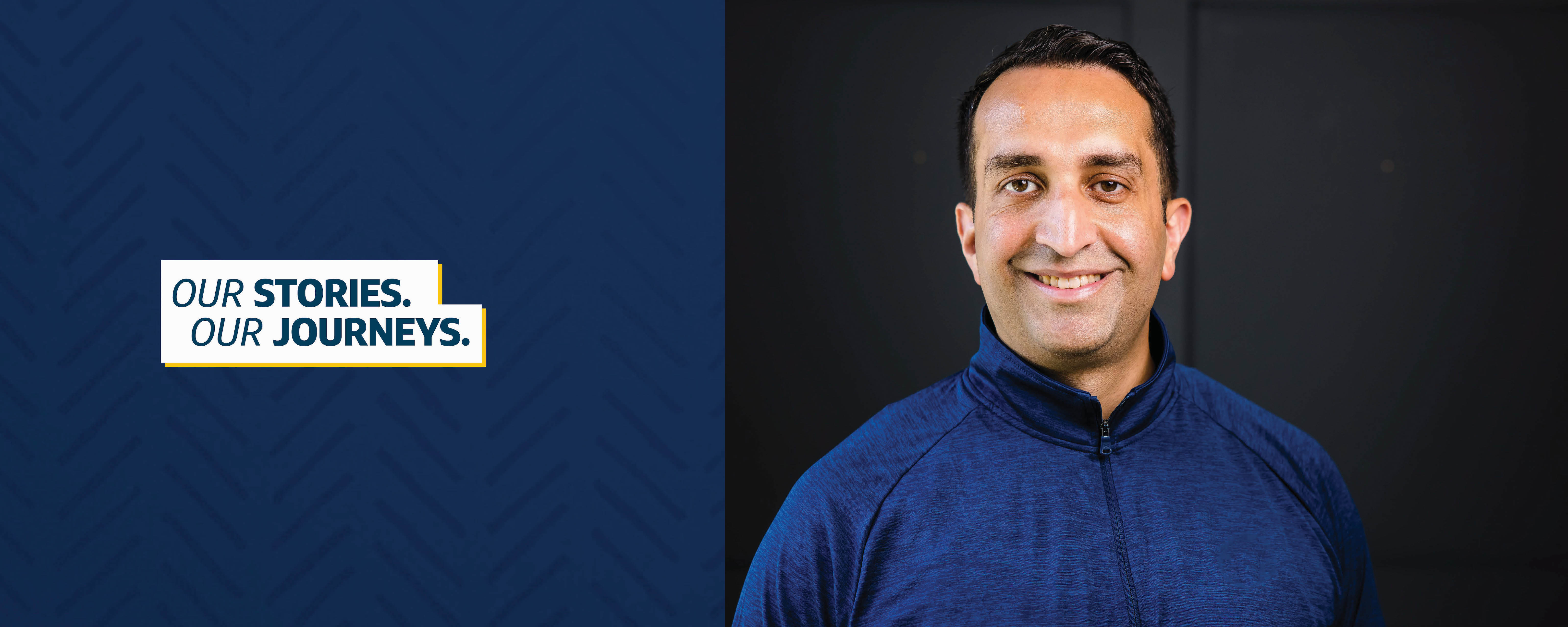 Capital One associate, Ahmed, stands in front of a dark background, next to the title "Our Stories, Our Journeys"