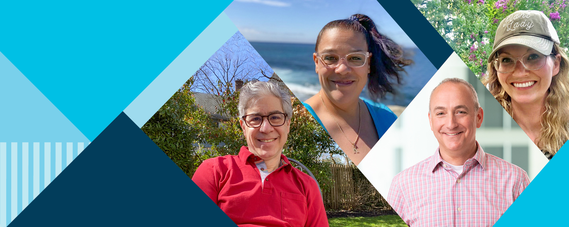 A collage of four Capital One associate images with a Capital One blue triangular patterned background on the side