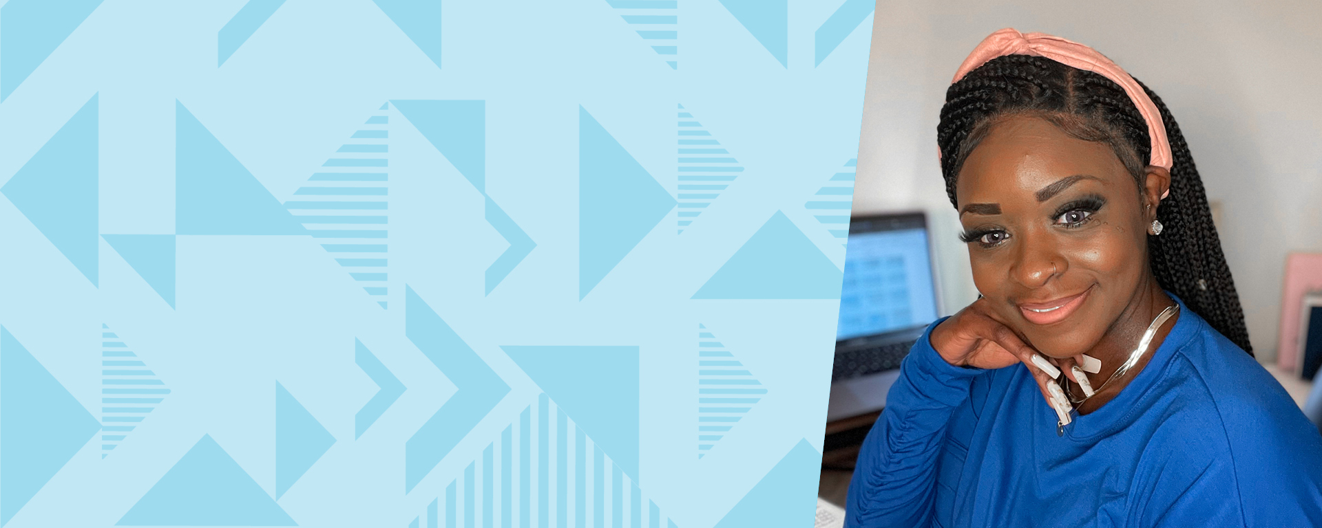 A collage of an image of Monica S., Capital One associate, smiles at the camera with her computer in the background, with a Capital One two-toned triangular patterned background next to it