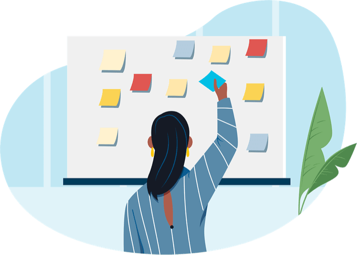 Illustration of person reaching for post-it note on a message board