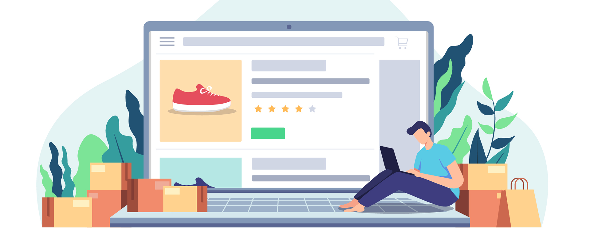 Illustration of laptop with shopping screen, with boxes all around and a person on their laptop